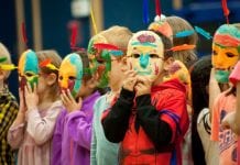 Culture Week brings indigenous culture into the classroom Kindergarten students don masks they made during Culture Week, an annual program held through a joint community partnership with the Native Village of Eyak and the Cordova School District Oct. 2 though Oct. 5. Photo by Cinthia Gibbens-Stimson/The Cordova Times
